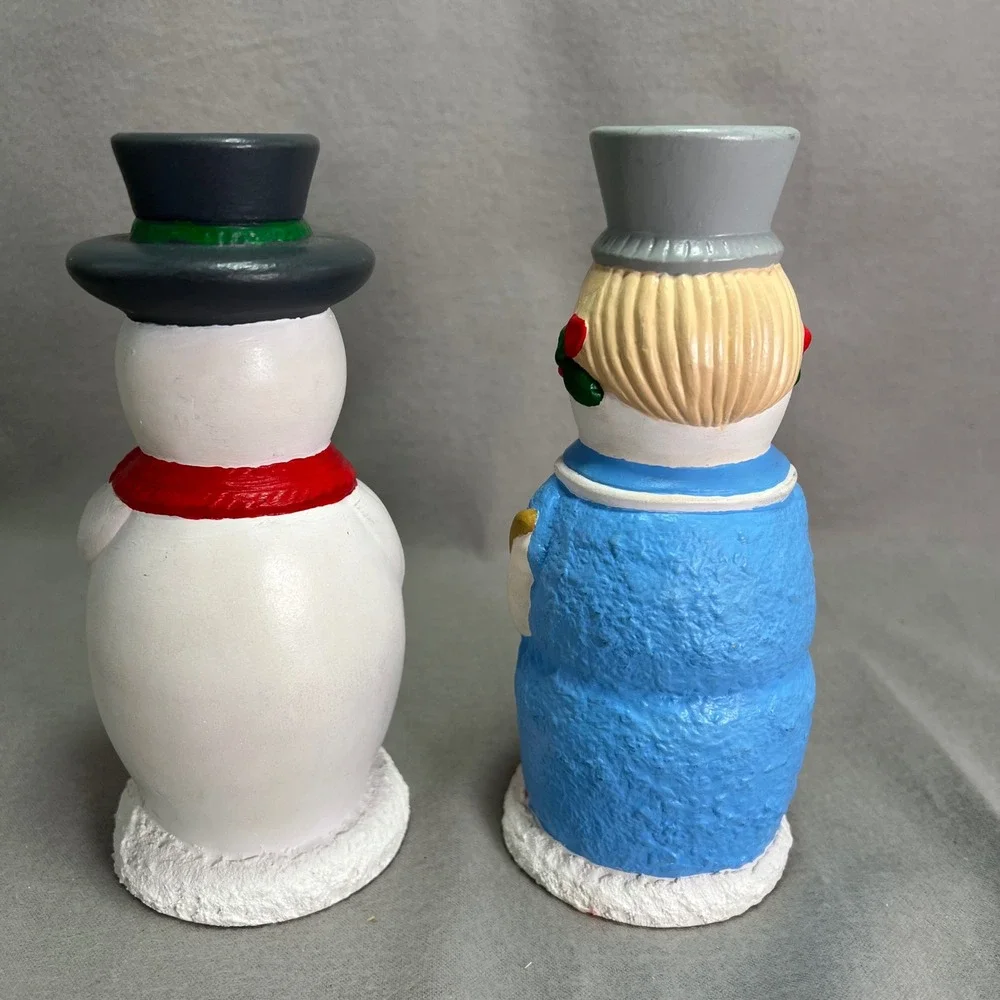 Vintage Hand Painted Ceramic Snowman Couple Taper Candlestick Holders Christmas‎